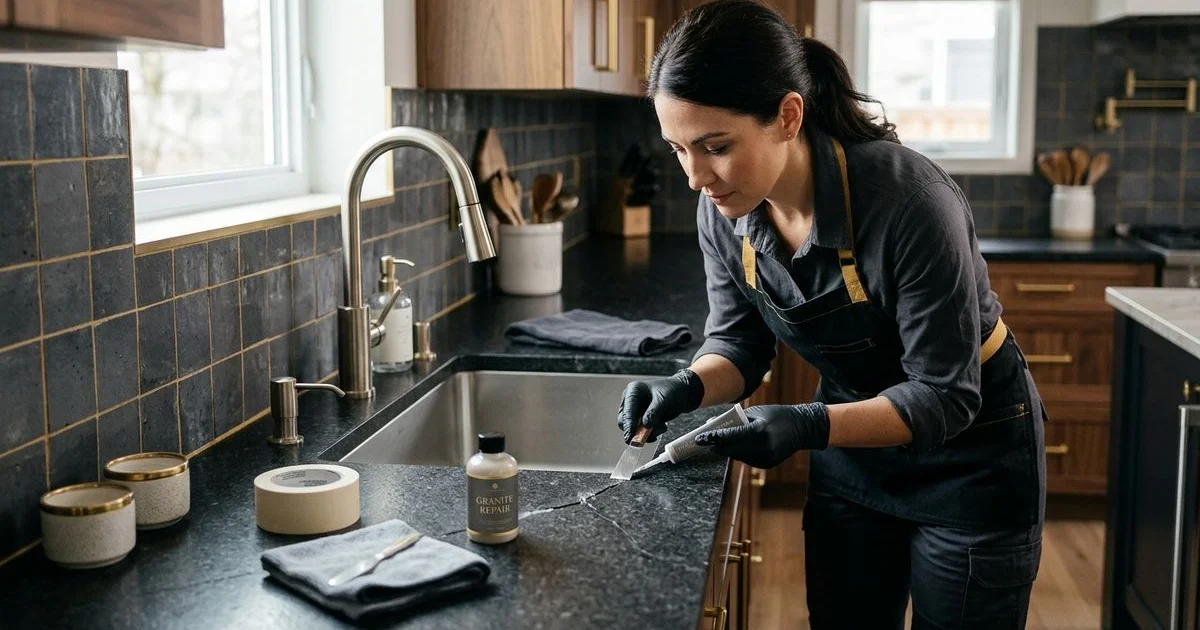 Cracked granite countertop near a kitchen sink