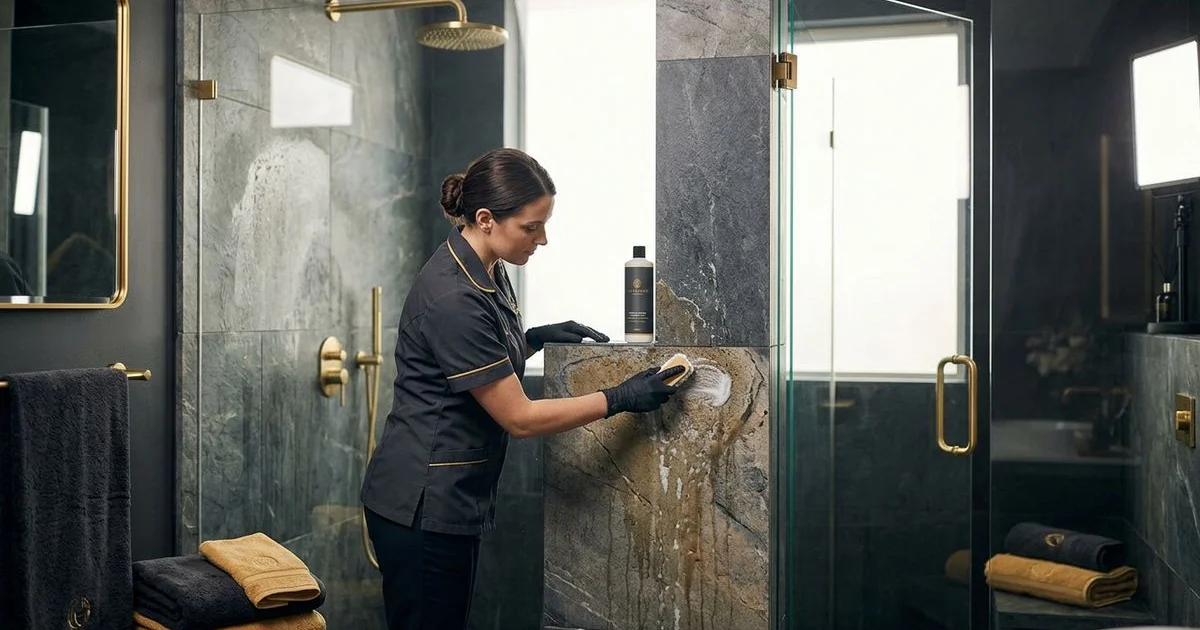 Hard water staining on a marble shower wall