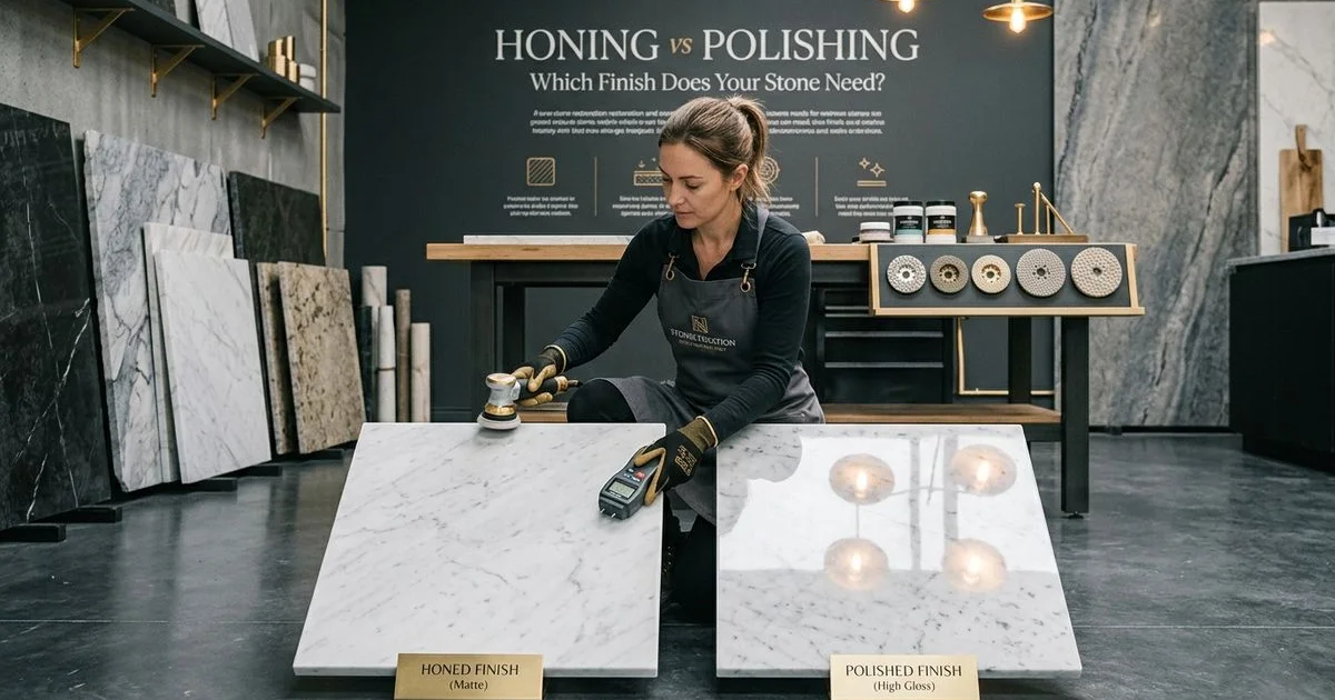 Honed matte and polished glossy marble finishes side by side
