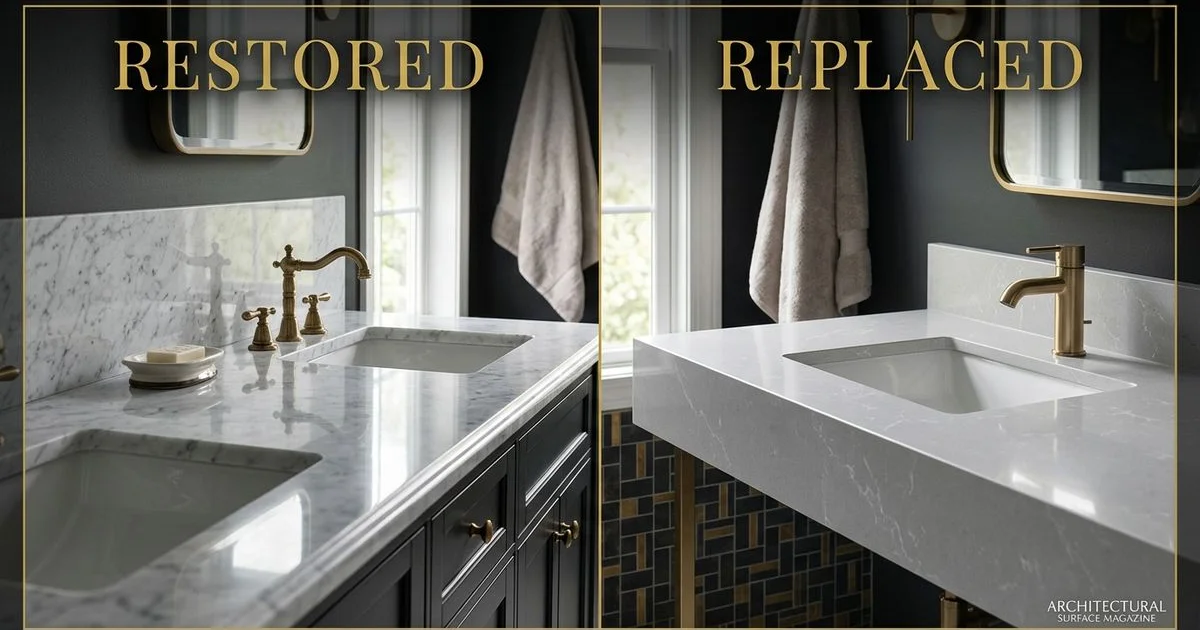 Restore vs replace decision for stone countertops and showers