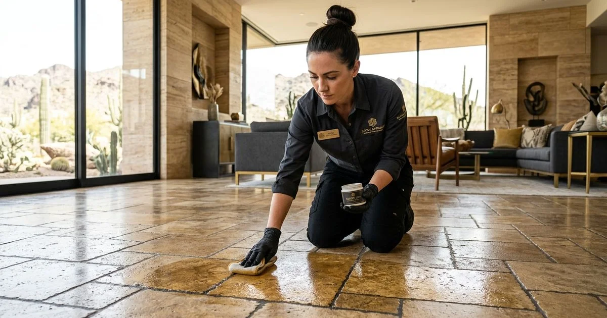 Penetrating sealer being applied to a natural stone floor