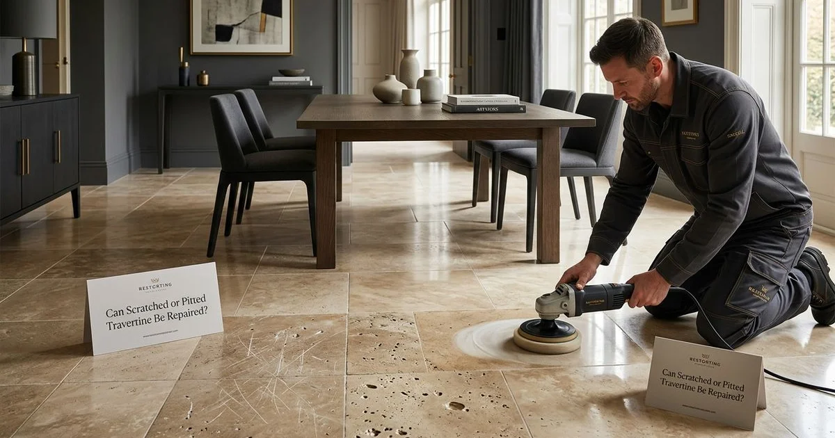 Travertine floor showing pits and scratches before restoration