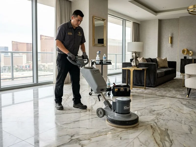 Certified technician polishing marble in a Las Vegas home