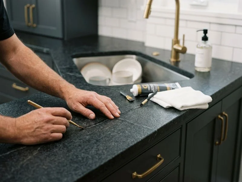 Color-matched granite crack repair near a kitchen sink