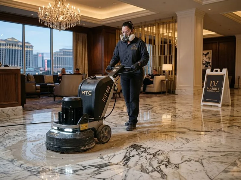Diamond-abrasive grinding restoring a Las Vegas marble floor