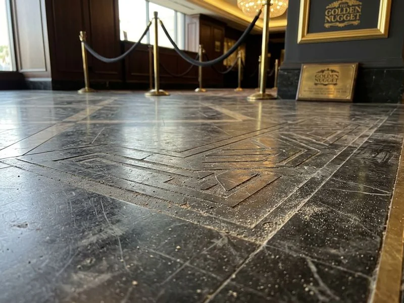 Marble floor with desert-grit etching before restoration