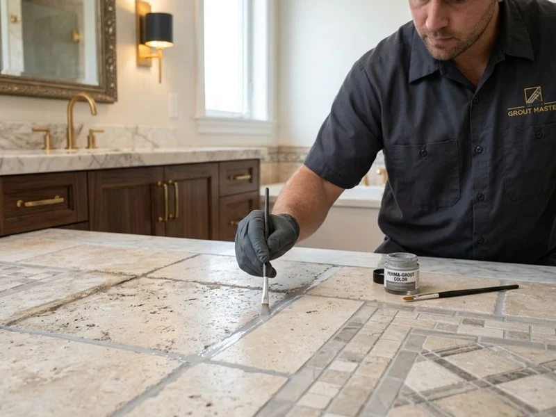 Grout recoloring producing uniform color over stained lines