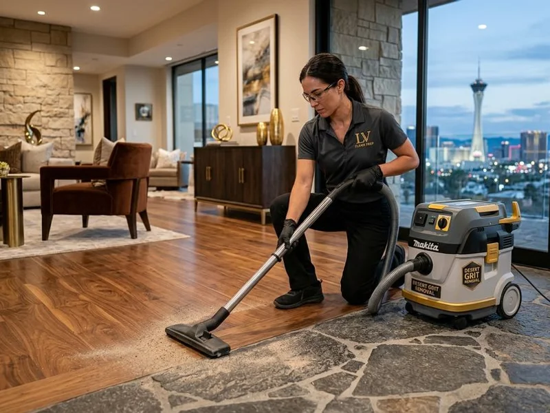 Hardwood floor prep removing desert grit before deep cleaning