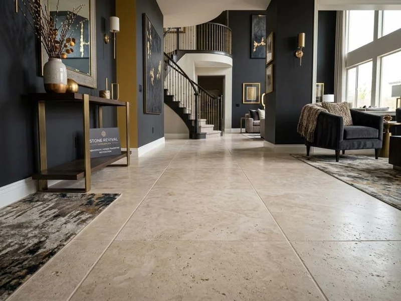 Honed travertine floor with matte finish after restoration