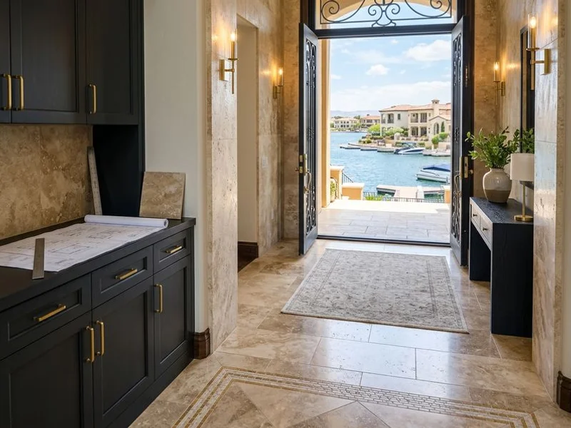 Mediterranean travertine entry in a Lake Las Vegas home