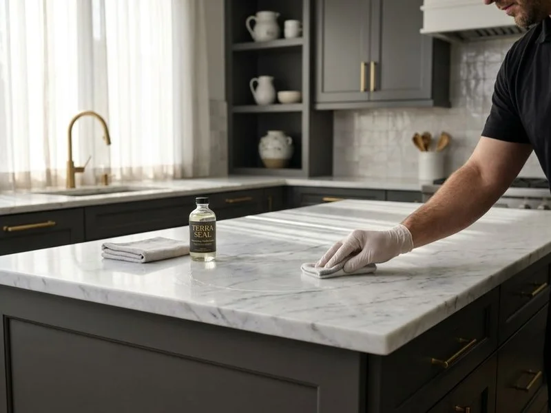 Penetrating sealer applied to a marble countertop