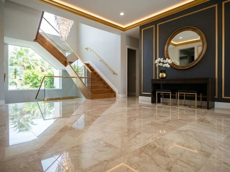 Polished marble entry foyer with mirror finish