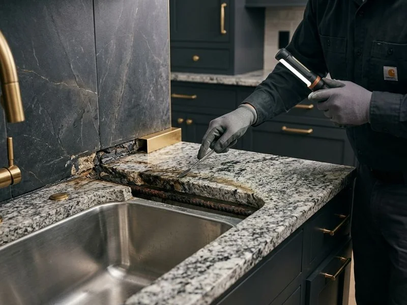 Steel rod under granite slab near sink cutout