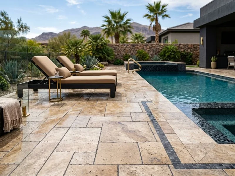 Travertine pool deck sealed in Rhodes Ranch