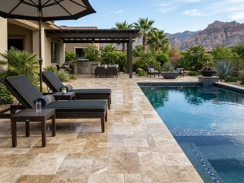 Travertine pool deck sealed in a Summerlin backyard