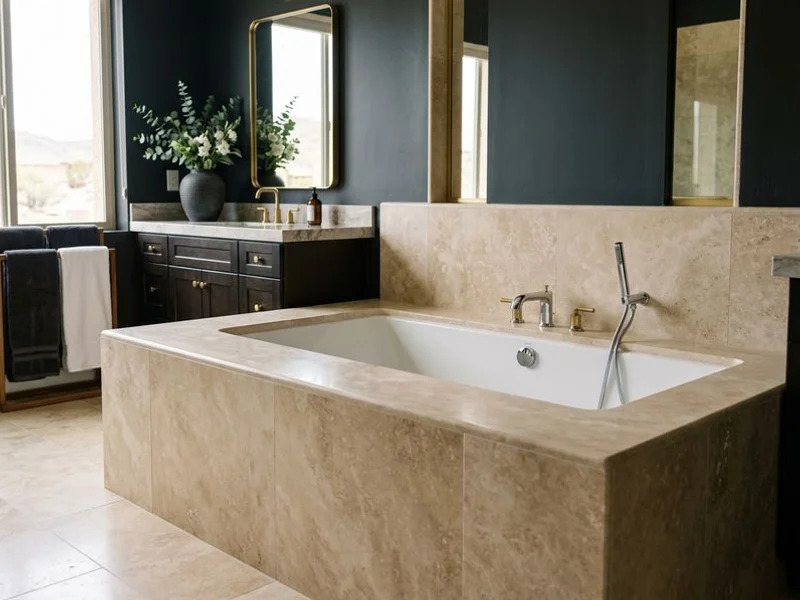 Travertine tub surround restored and resealed in a Henderson master bath