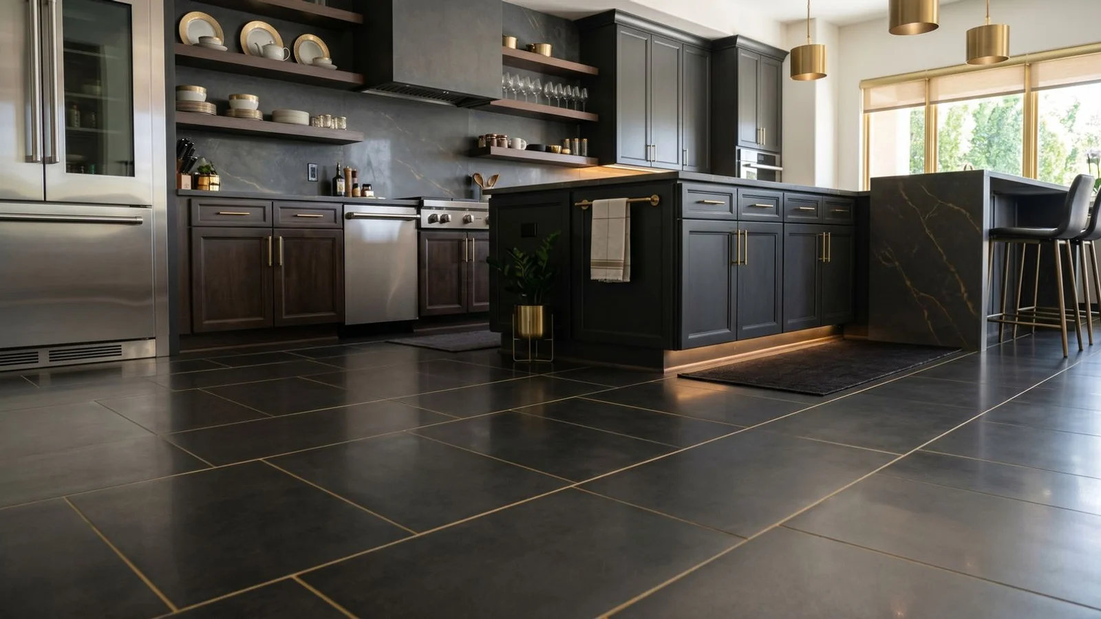 Deep-cleaned ceramic tile floor with restored grout lines in a Las Vegas kitchen