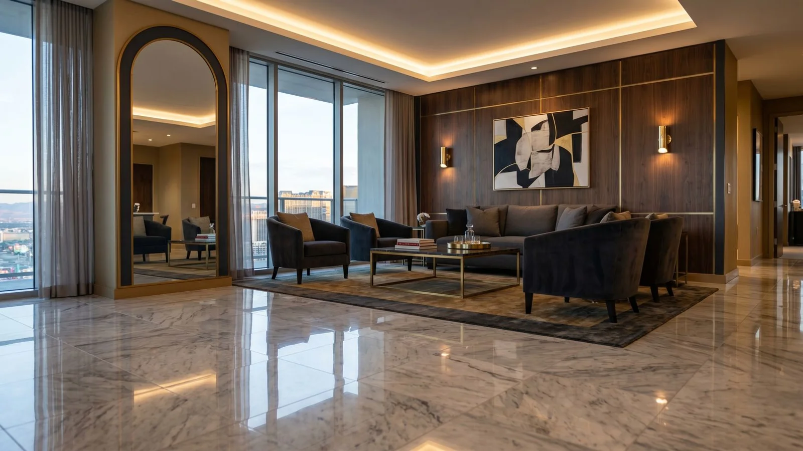 Polished marble floor with mirror finish in a luxury Las Vegas living room