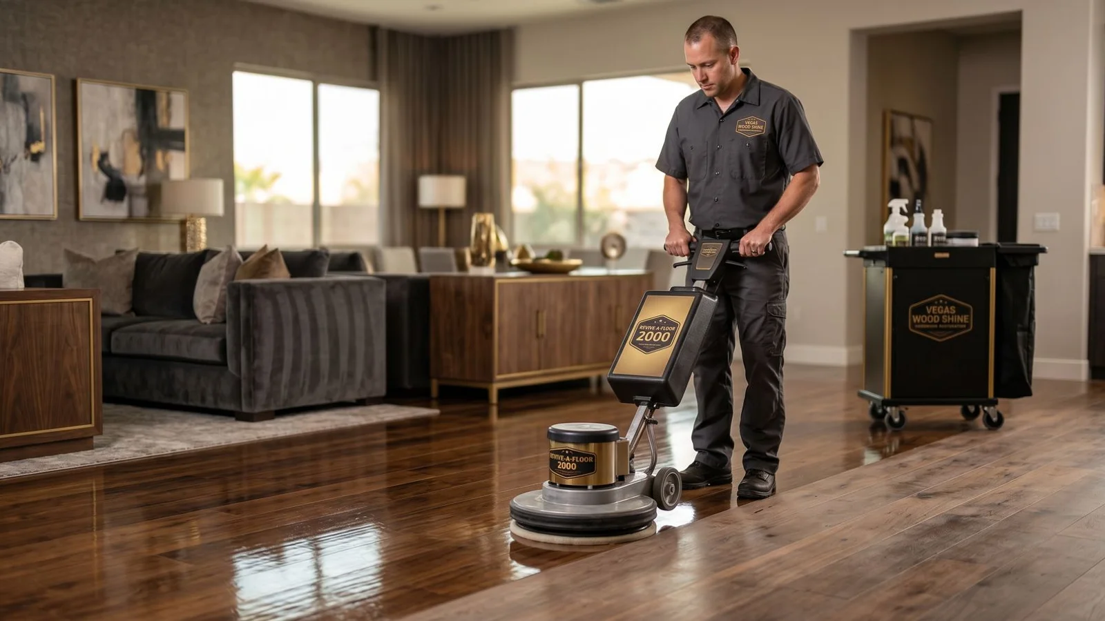 Restored hardwood floor with renewed shine in a Las Vegas living room