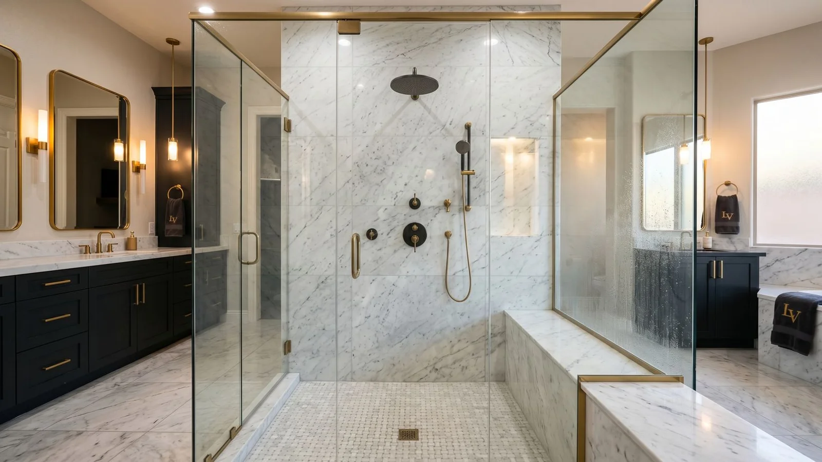 Restored marble master shower enclosure in a luxury Las Vegas home